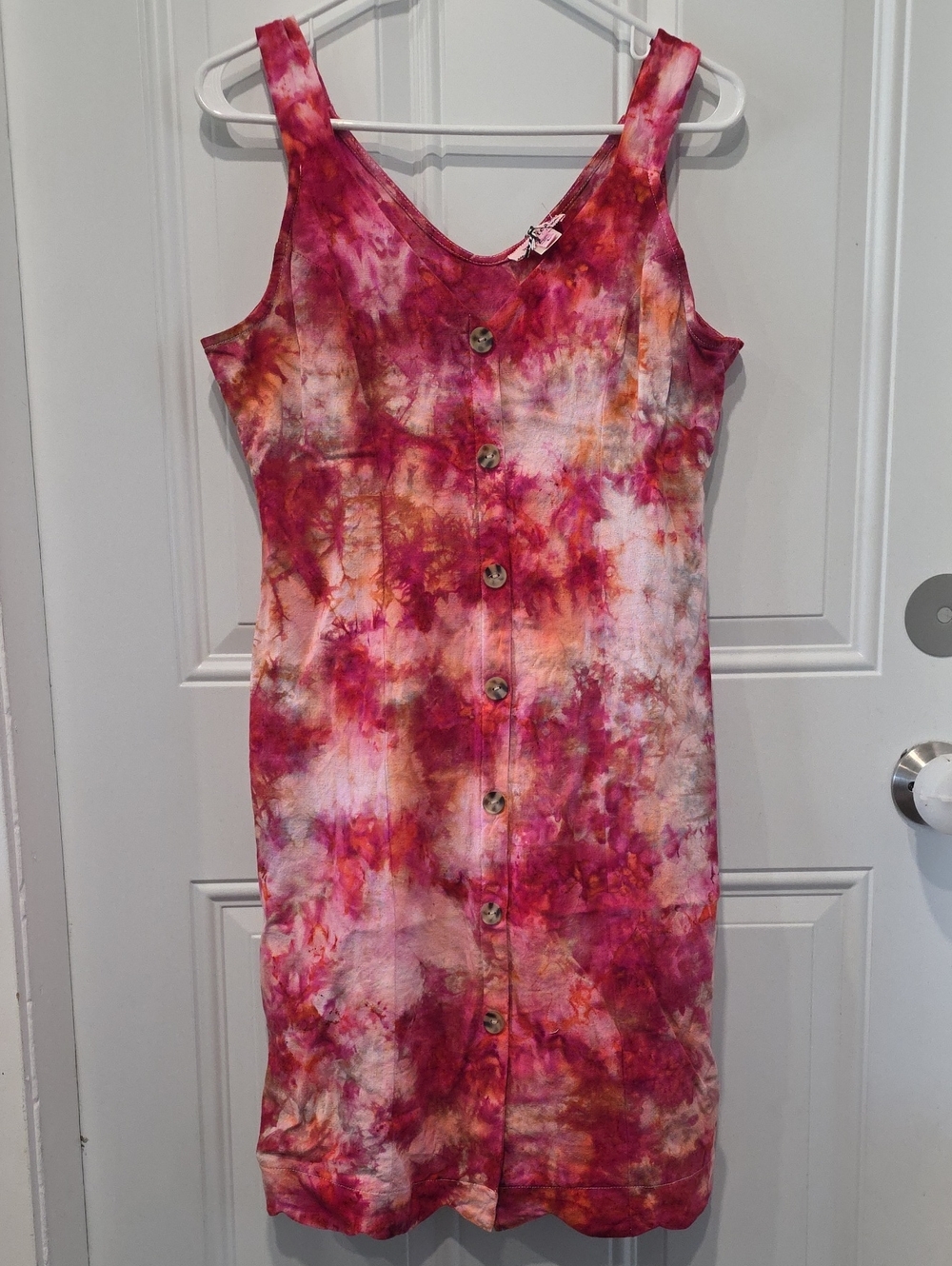 Custom Pink and Orange Tie-Dye Button Front Midi Dress -L